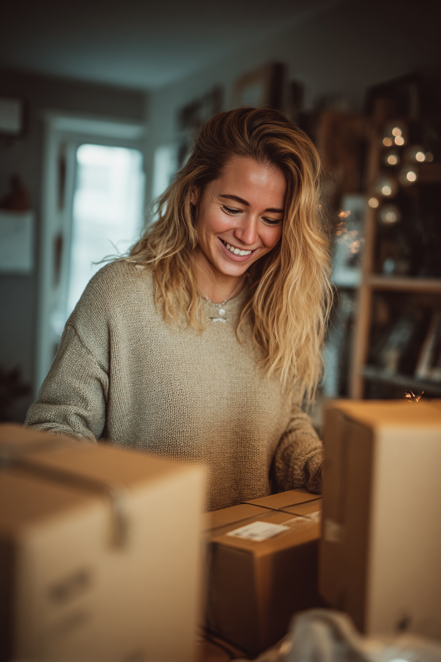 Smiling woman in a cozy room packing small boxes on a table
