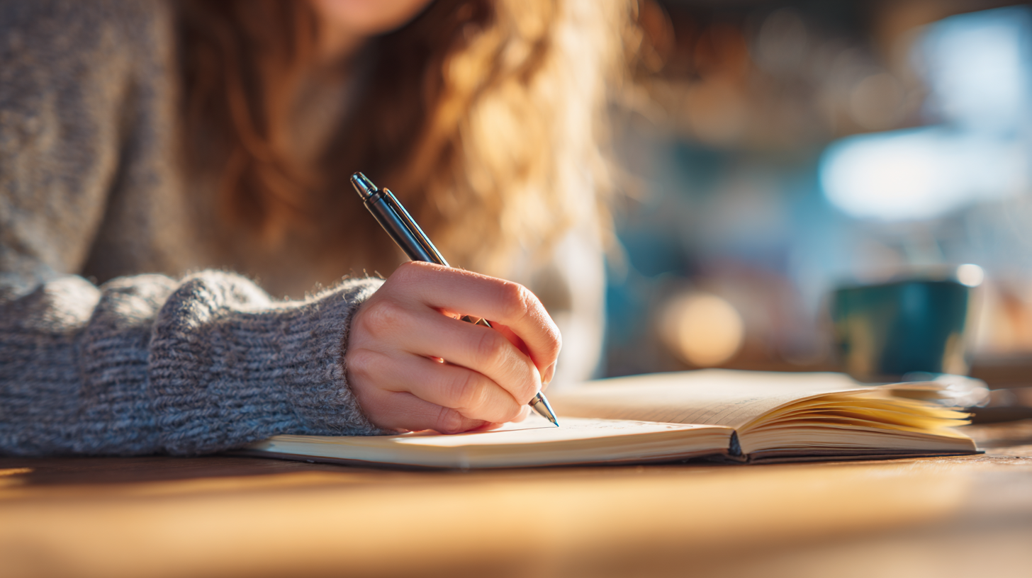 Person writing in a notebook at a desk with warm sunlight and a laptop nearby