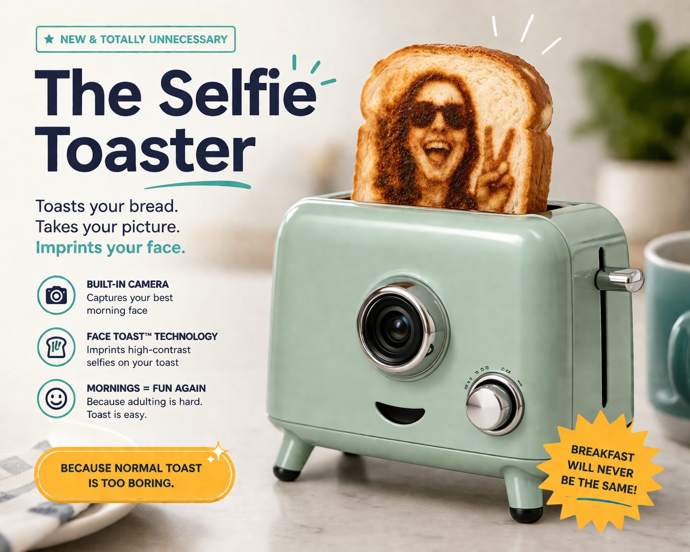 Mint-green toaster with selfie toast popping up beside promotional text on a white background