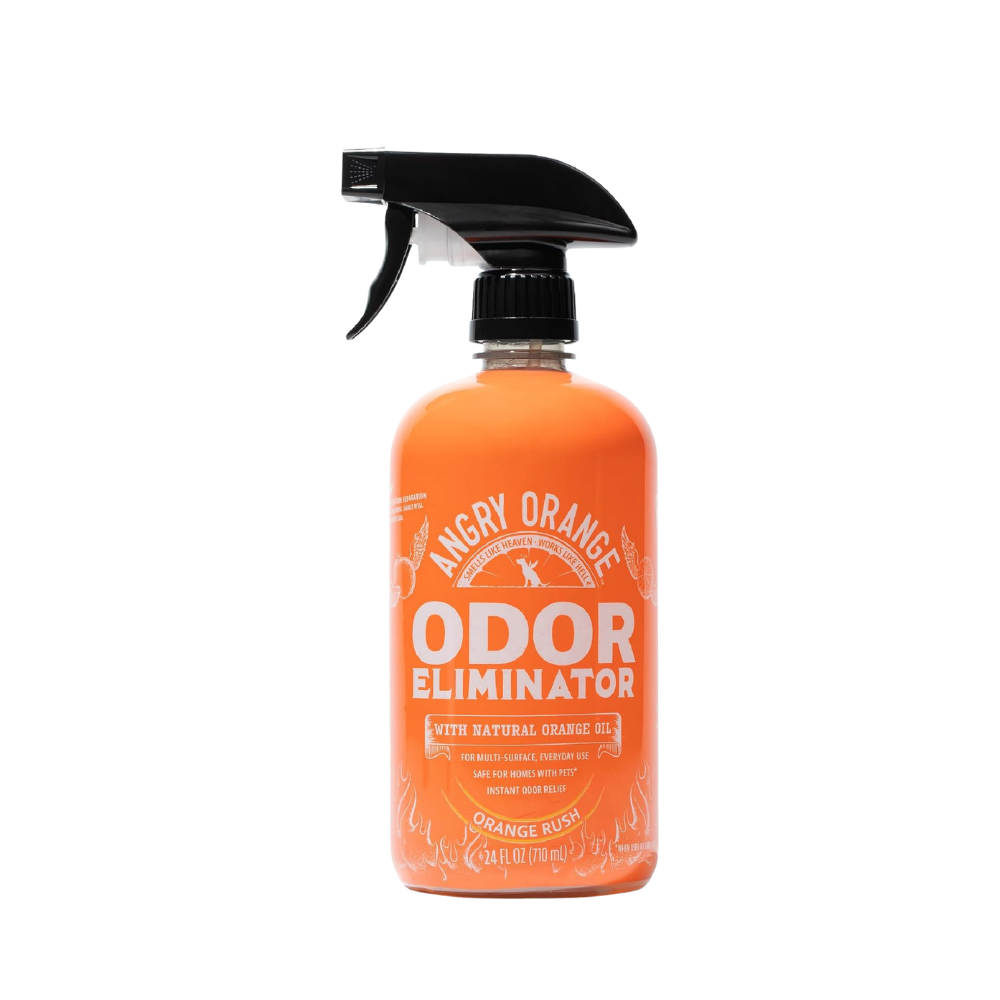 Orange spray bottle labeled “Odor Eliminator” with a black trigger sprayer.