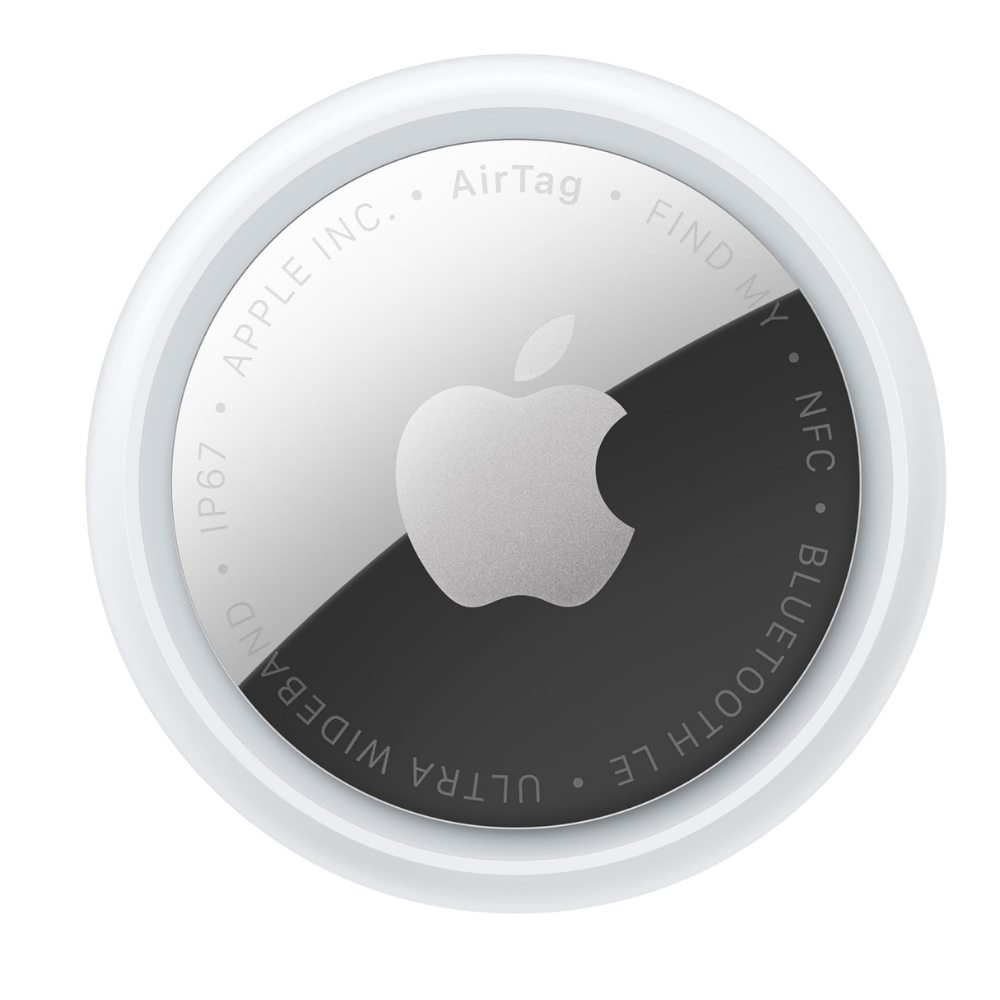 Apple AirTag tracker with white and silver circular design and Apple logo