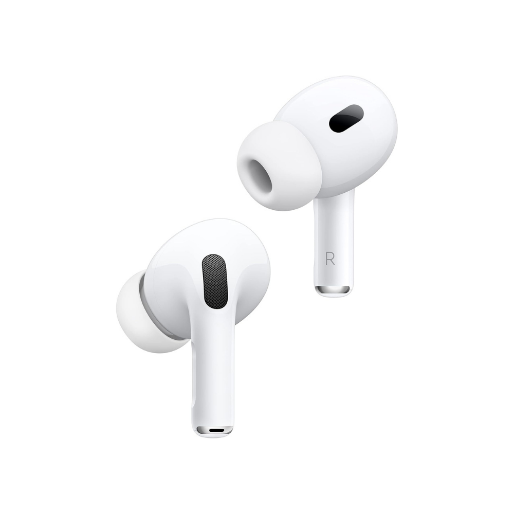 White wireless earbuds with charging stems on a plain background