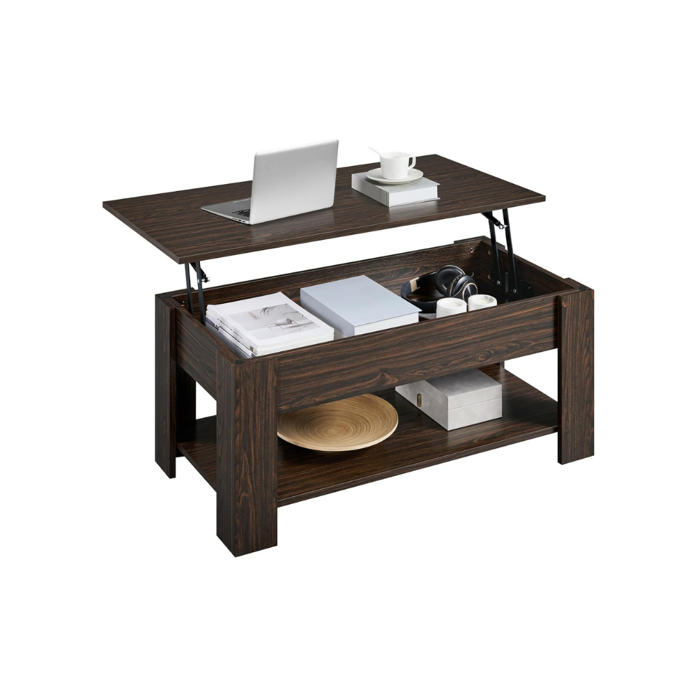 Brown wooden lift-top coffee table with storage shelves and items on top and inside
