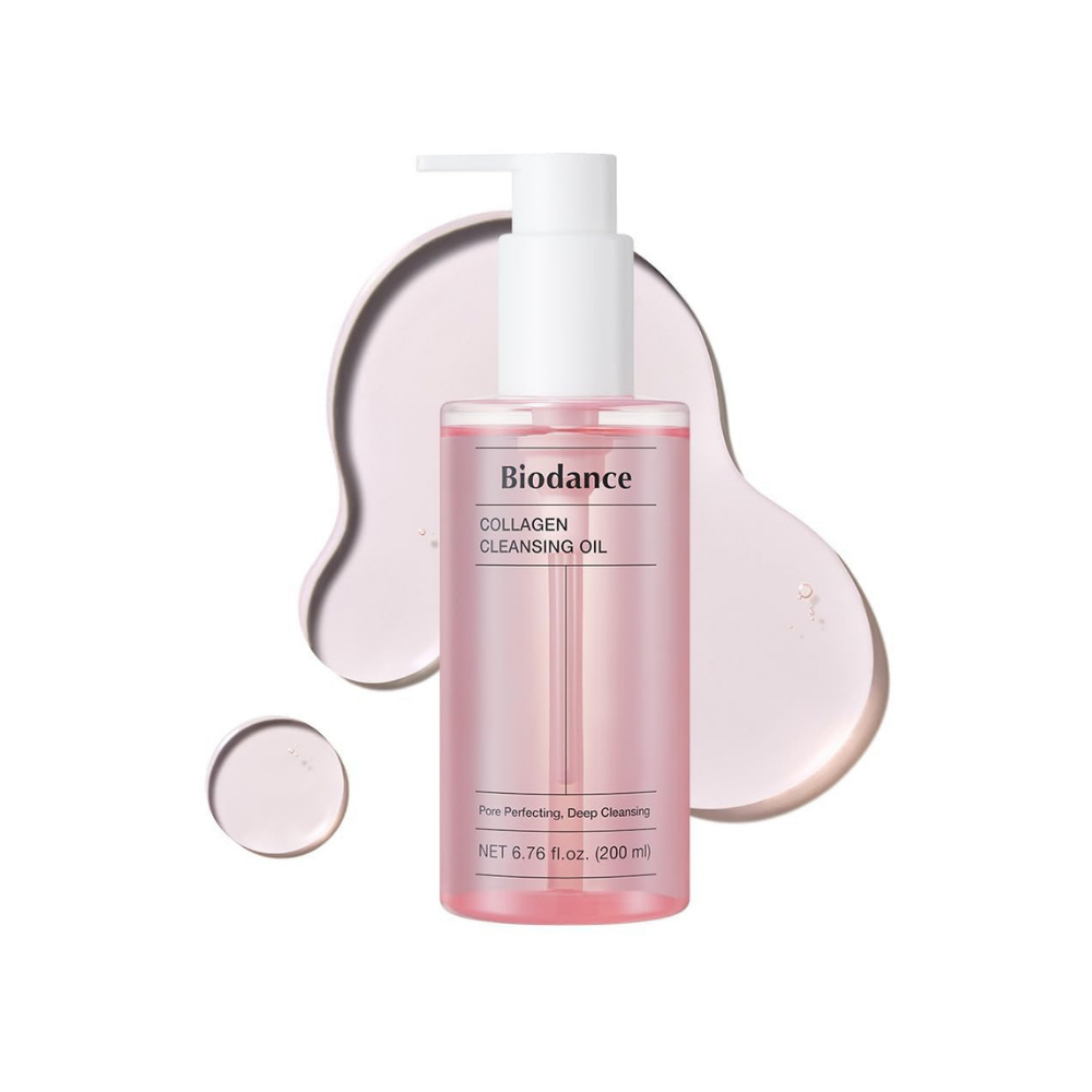Pink Biodance skincare serum bottle with white pump on a white background
