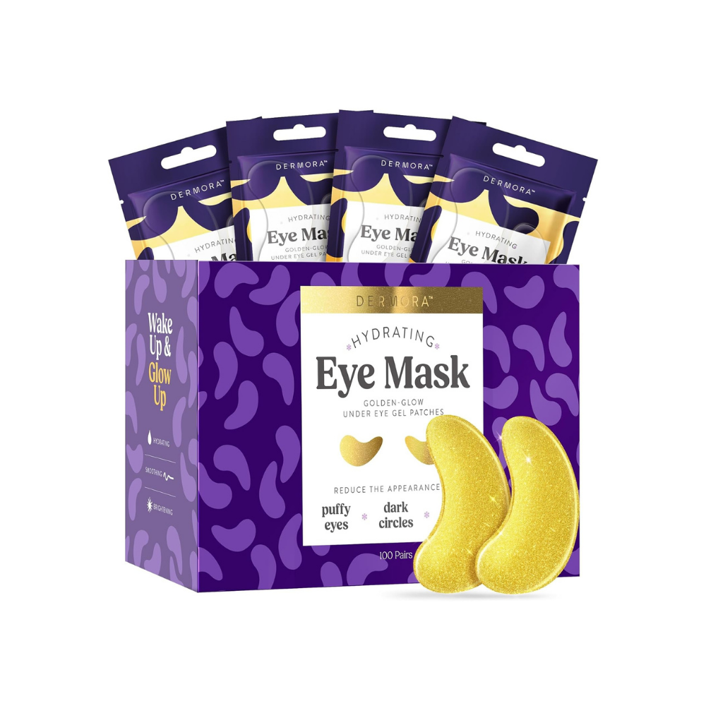 Purple box of hydrating eye masks with gold under-eye patches on the front