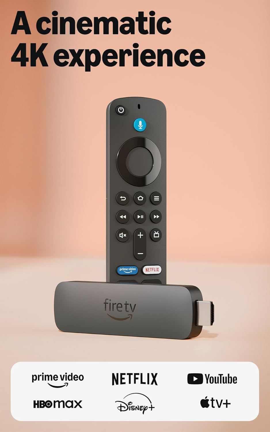 Fire TV stick and remote with “A cinematic 4K experience” and streaming app logos