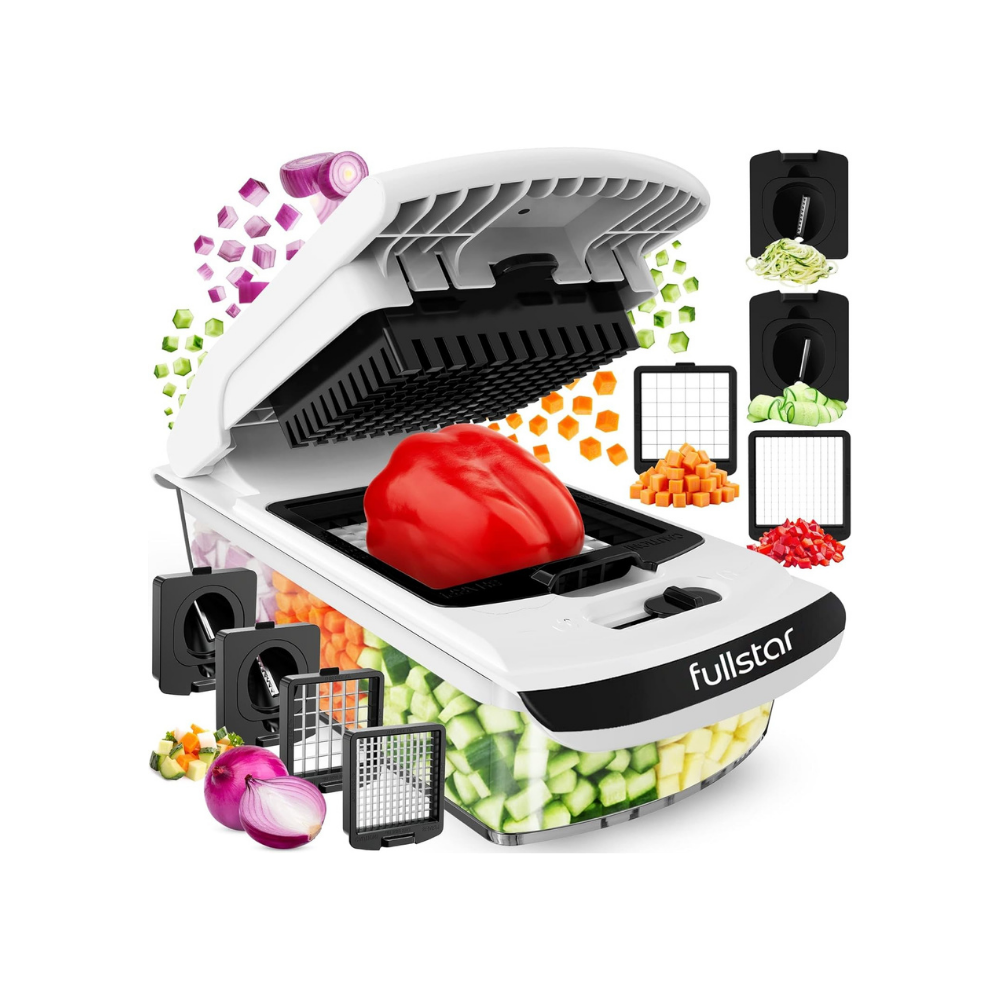 Electric vegetable chopper with white lid and black base, chopping red pepper and diced vegetables visible inside.