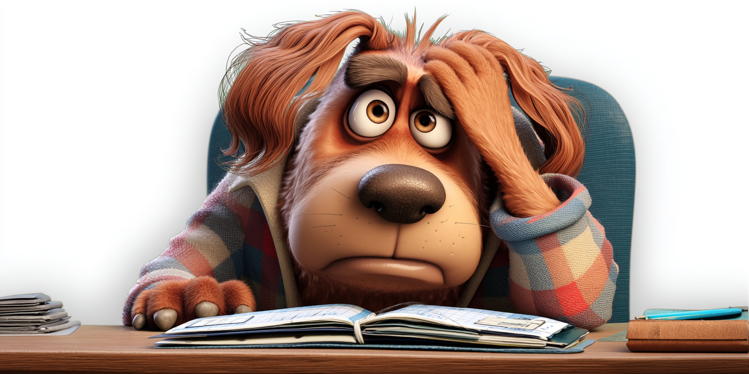 Cartoon dog at a desk, looking worried with paw on head amid scattered papers and office supplies.