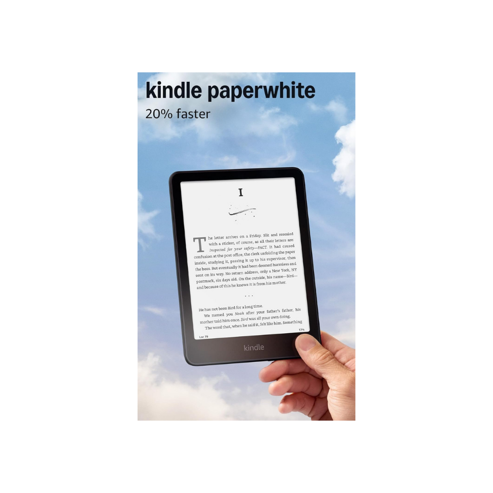 Kindle Paperwhite ad showing an e-reader held against a blue sky with “20% faster” text