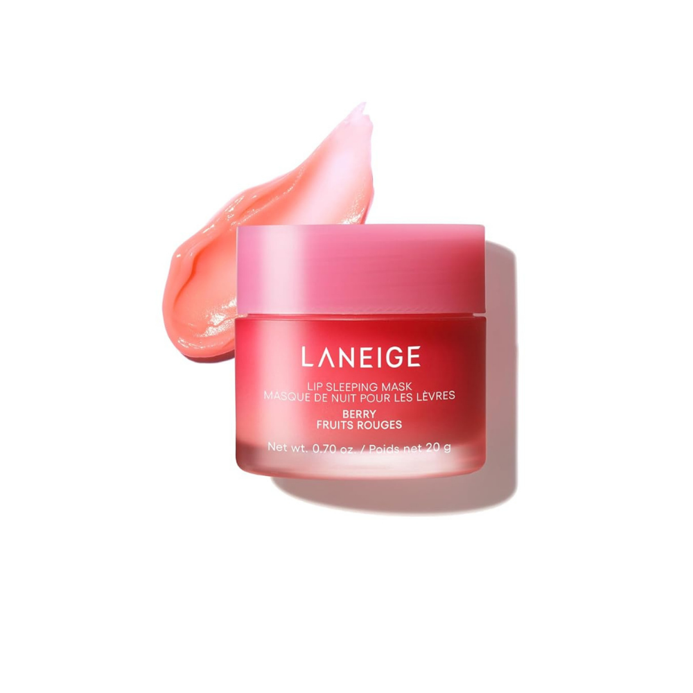 Pink Laneige lip sleeping mask jar with glossy pink swatch on a white background