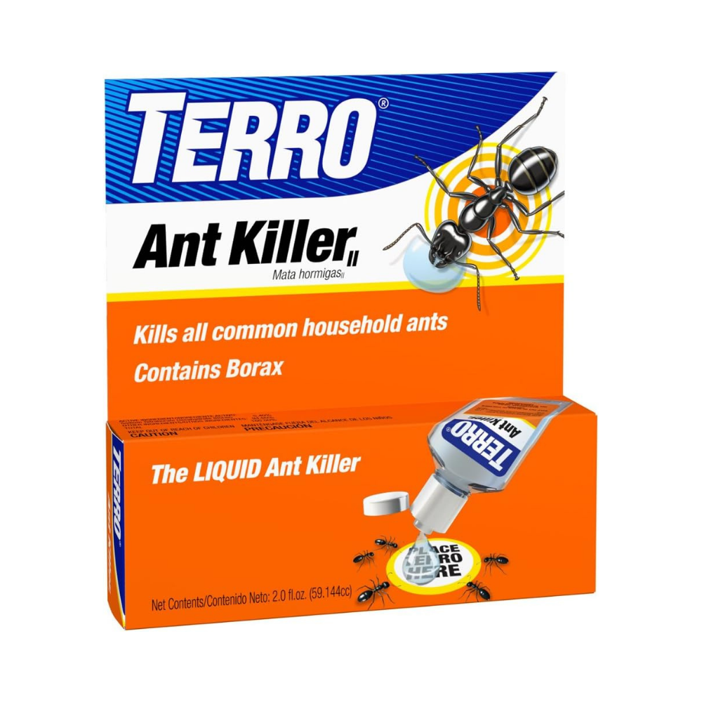 Terro ant killer box, orange and blue packaging with ant graphic and liquid ant killer bottle