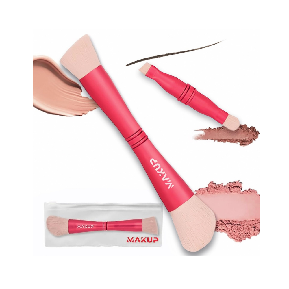 Pink makeup concealer brush with cream swatches and a product box on white background