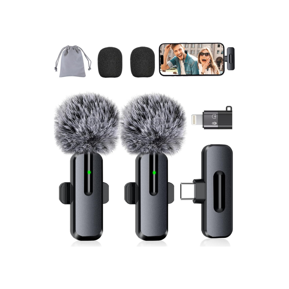 Wireless lapel microphone set with two mics, windscreens, receiver, and phone clip-on adapter