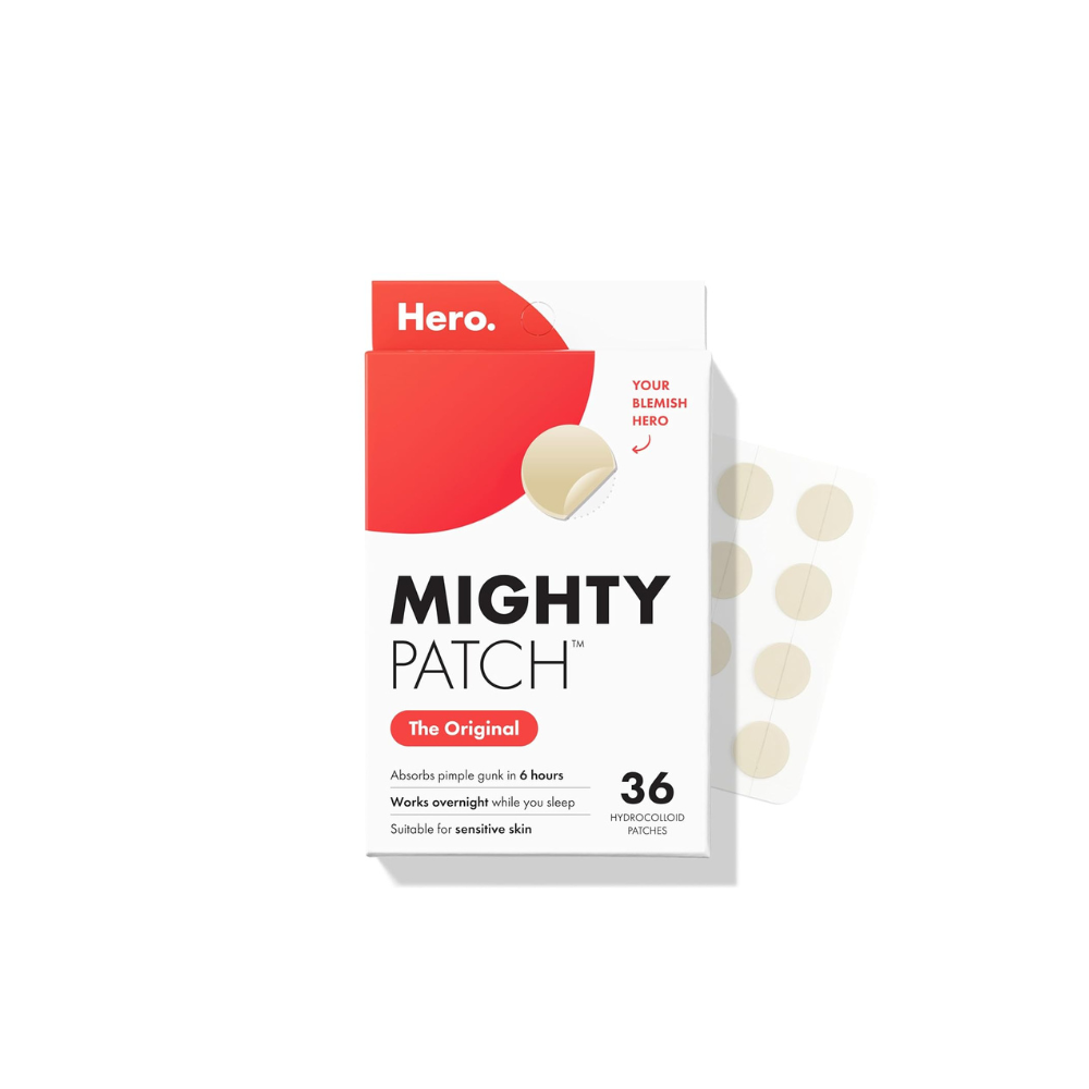 Hero Mighty Patch Original acne patches box with a few beige pimple patches on a white background