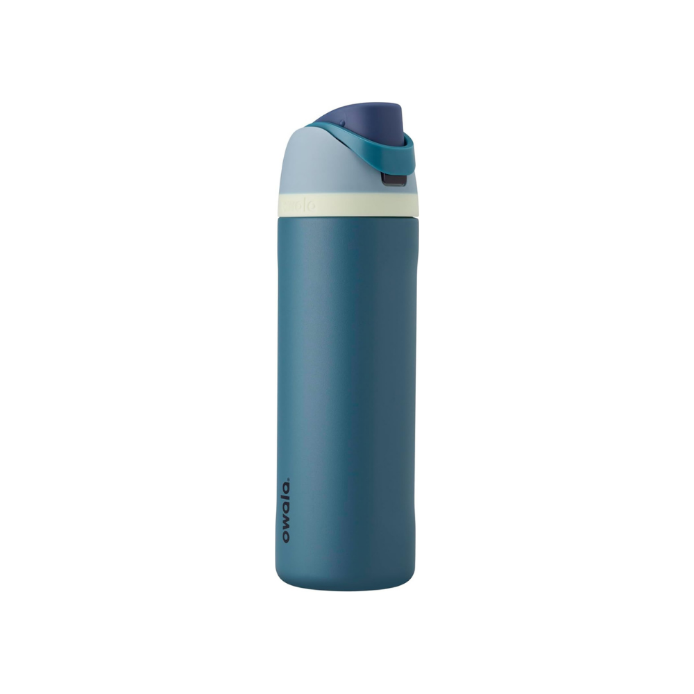 Blue insulated water bottle with a purple flip-top lid and cream band