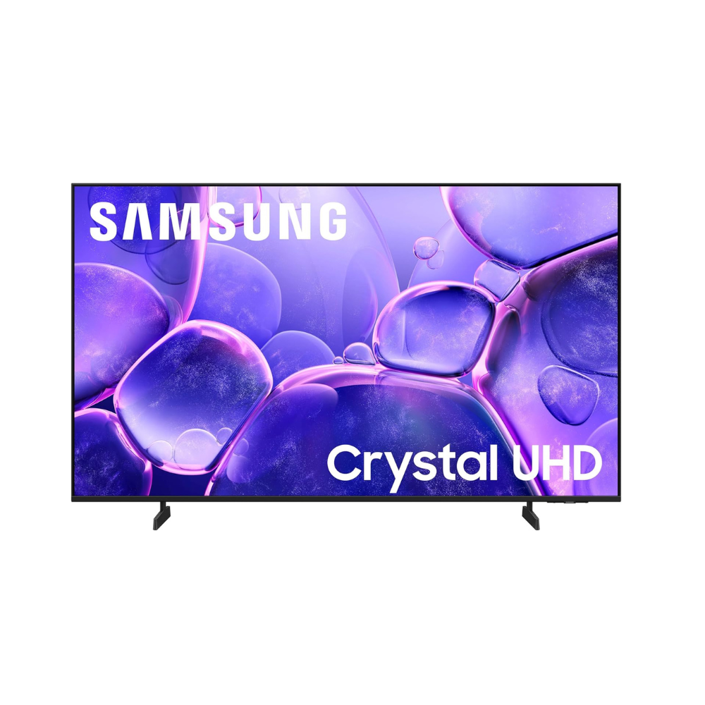 Samsung Crystal UHD TV with purple abstract display and black stand