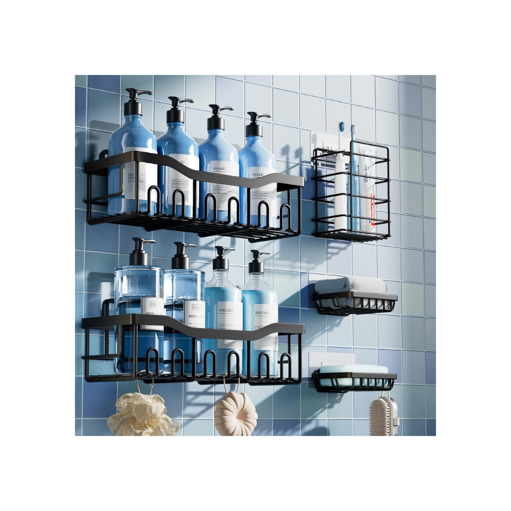 Shelves of blue and white shampoo and soap bottles in a tiled bathroom or spa setting