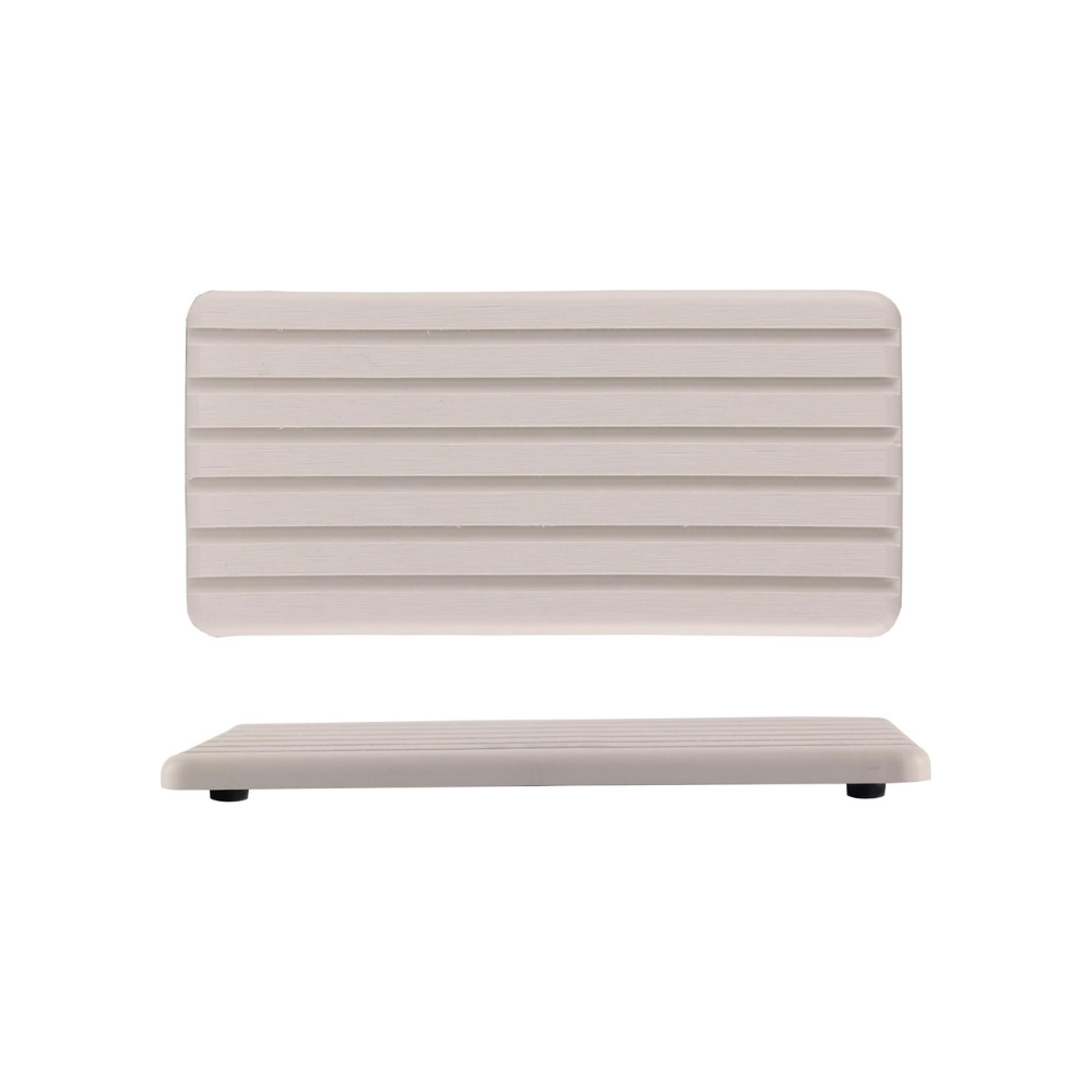 Beige rectangular wall panel with horizontal grooves, shown above a matching low shelf or base.