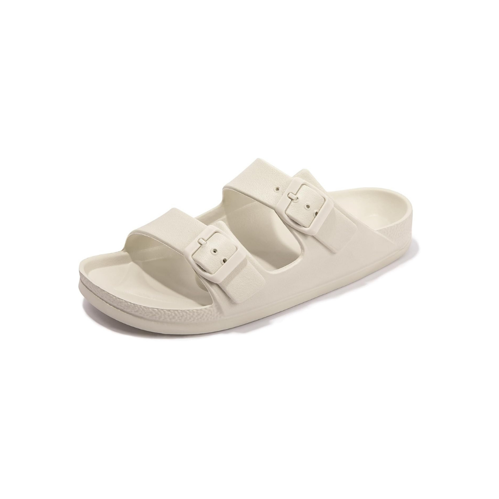 Beige double-strap sandal with buckles on a white background