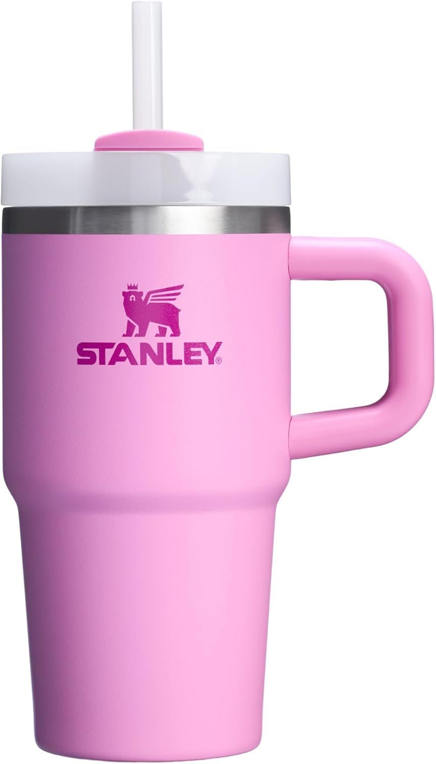 Pink Stanley tumbler with handle and straw on a white background