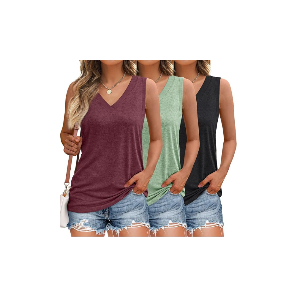 Three sleeveless V-neck casual tops in burgundy, green, and black with denim shorts at front view