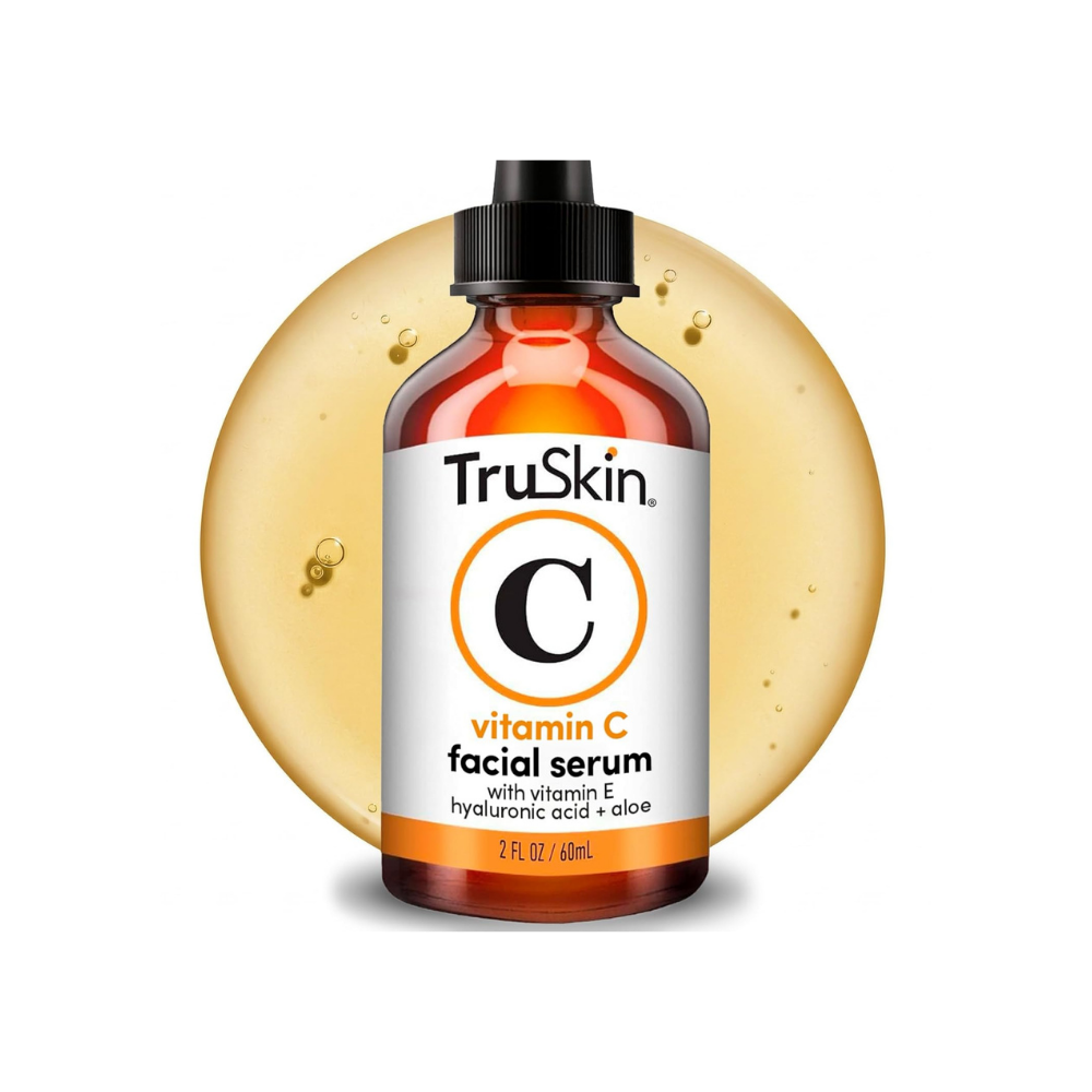TruSkin vitamin C facial serum bottle with black cap on a yellow circle background