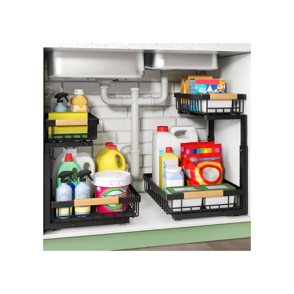 Under-sink cabinet with pull-out baskets holding cleaning supplies and detergents