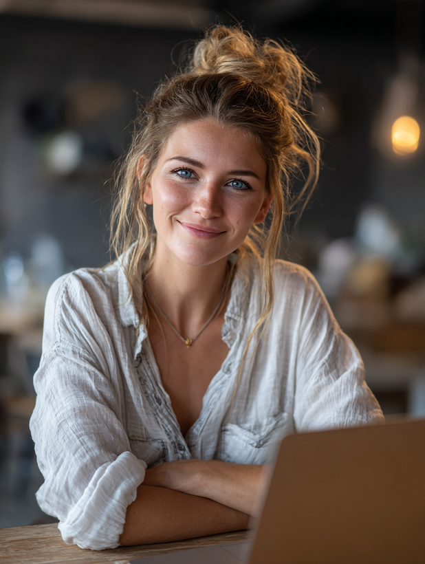 Smiling woman with messy bun seated at a table in a softly lit café, arms crossed.