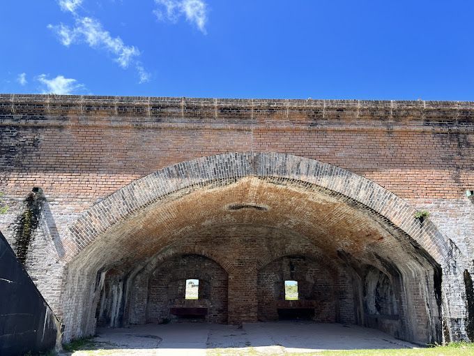 The inside of a brick building with a blue sky in the background.