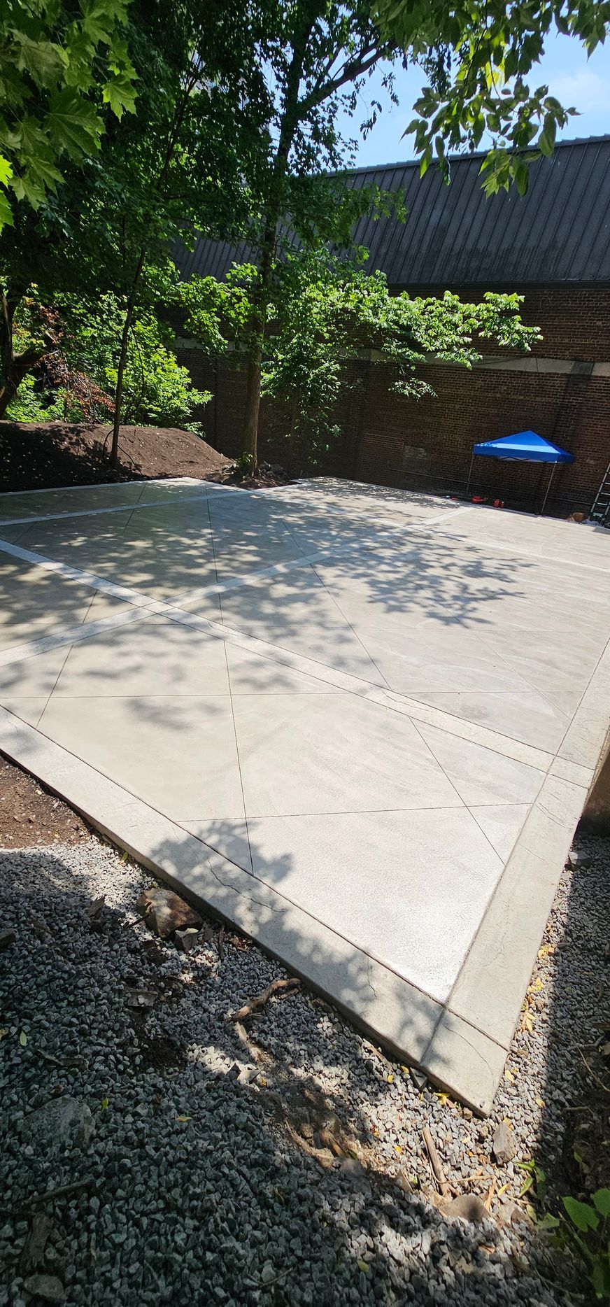 A concrete driveway is being built in the backyard of a house.