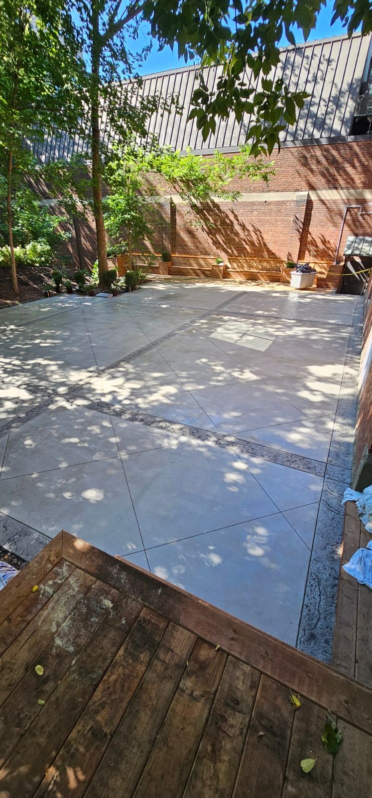 A concrete driveway is being built in a backyard with trees in the background.