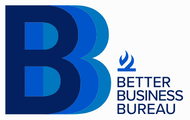 Better Business Bureau logo with blue stylized “B” and flame icon