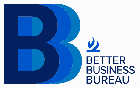 Better Business Bureau logo with blue stylized “B” and flame icon