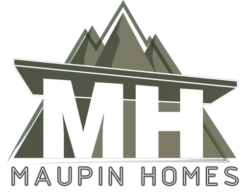 Maupin Homes logo with stylized gray and green mountain peaks and large MH letters