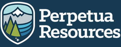 Perpetua Resources logo with teal shield icon and white text on dark background