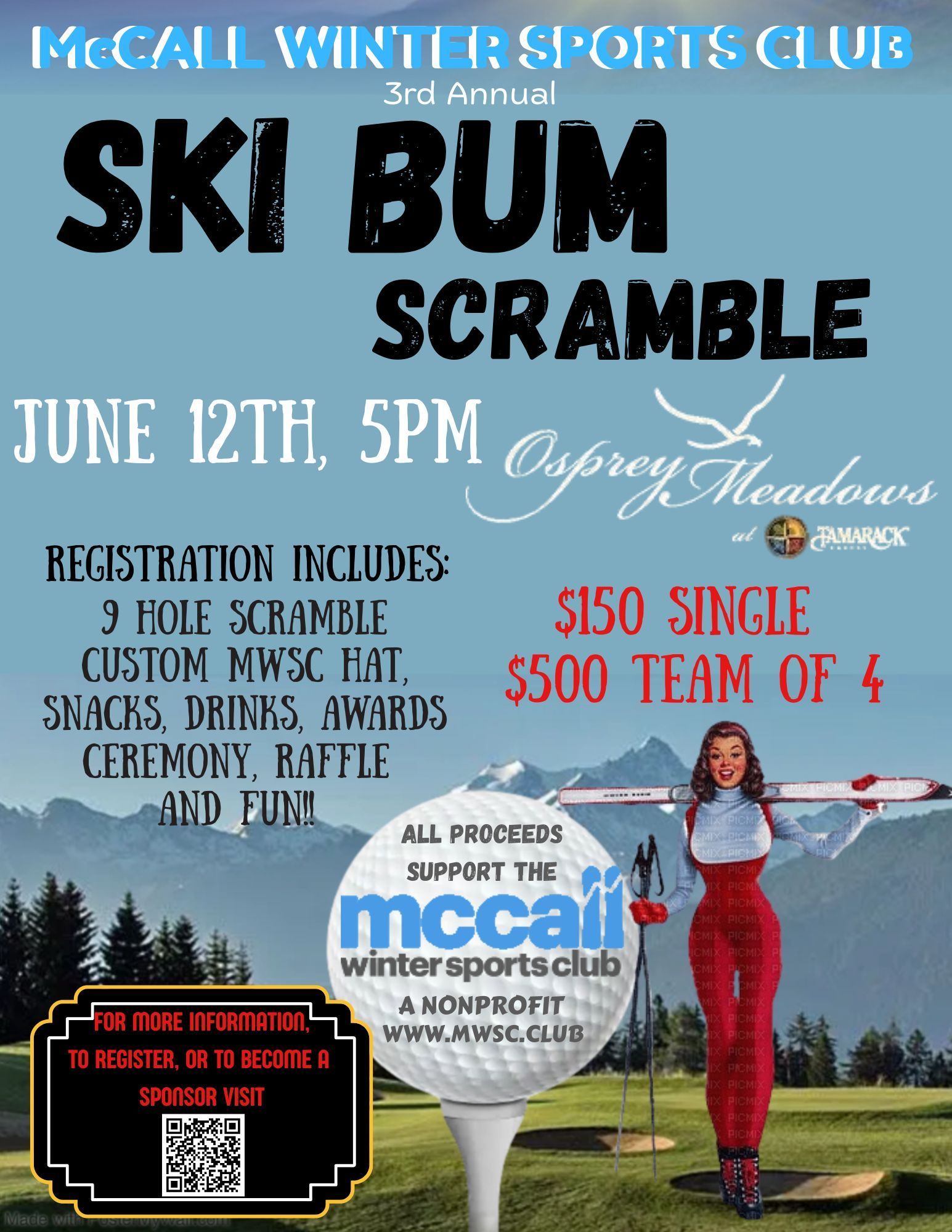 McCall Winter Sports Club Ski Bum Scramble poster, June 12th 5 pm, golfer, ski club logo, mountains and sunset