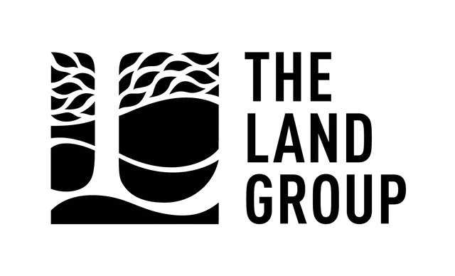 Black-and-white logo for The Land Group with stylized tree and landscape icon