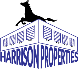 Black horse silhouette atop a purple Harrison Properties logo with building outline text