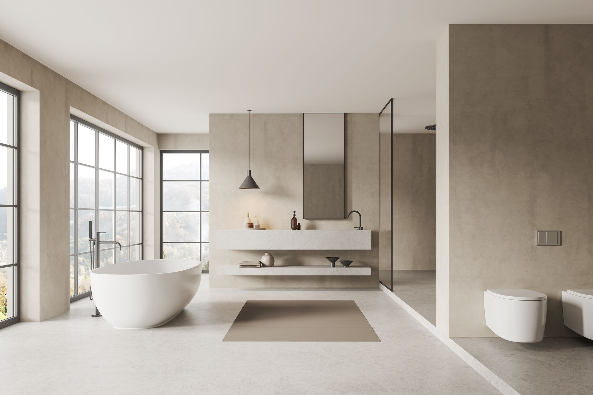 Modern bathroom with a white tub, vanity, and toilet; large windows, neutral tones.
