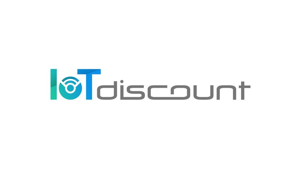 Het logo voor iot discount is blauw en grijs op een witte achtergrond.