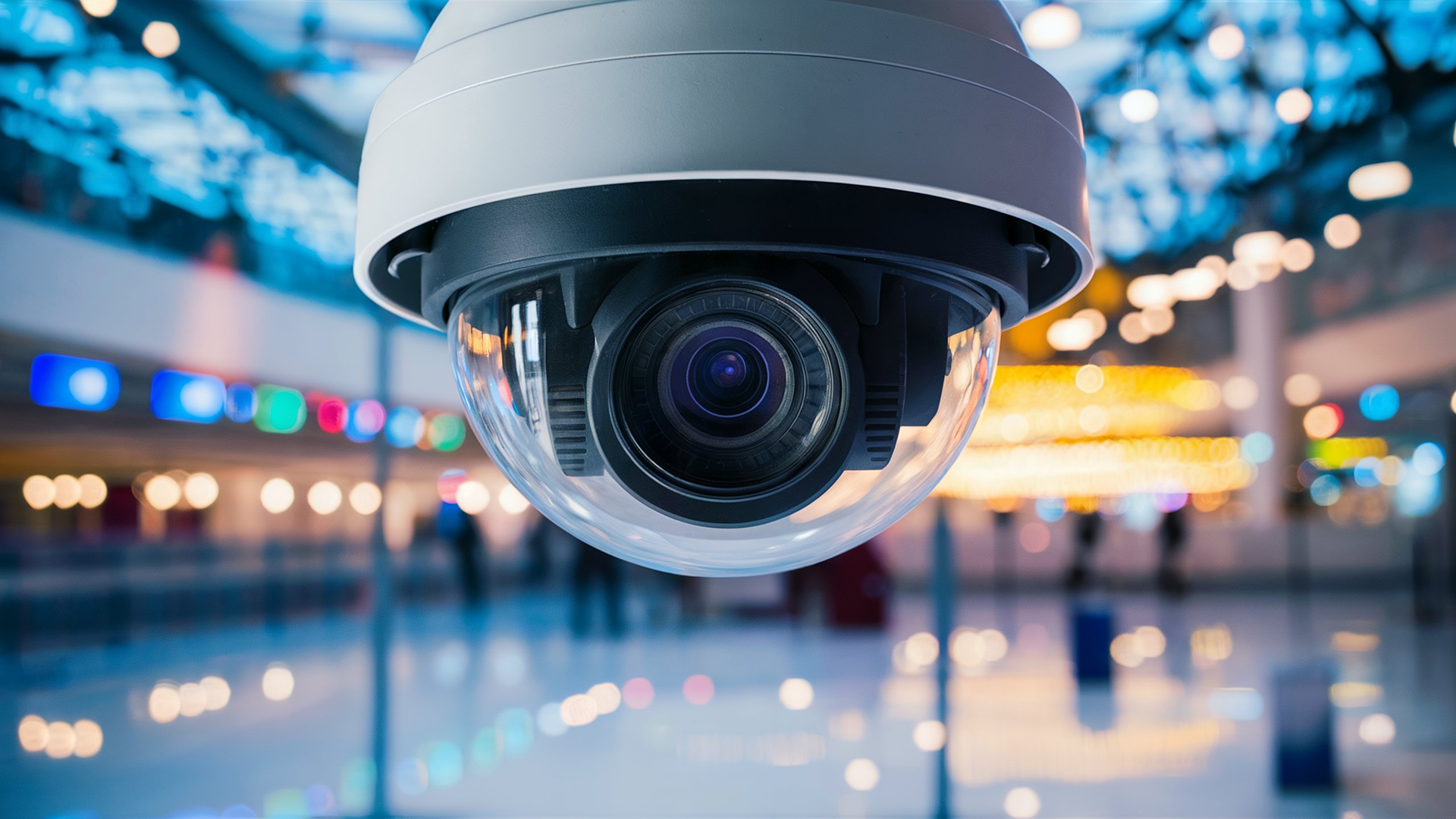 A security camera is hanging from the ceiling of a building.