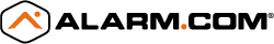 Alarm.com logo: an orange upward arrow and dot inside a hexagon, with black text to the right.