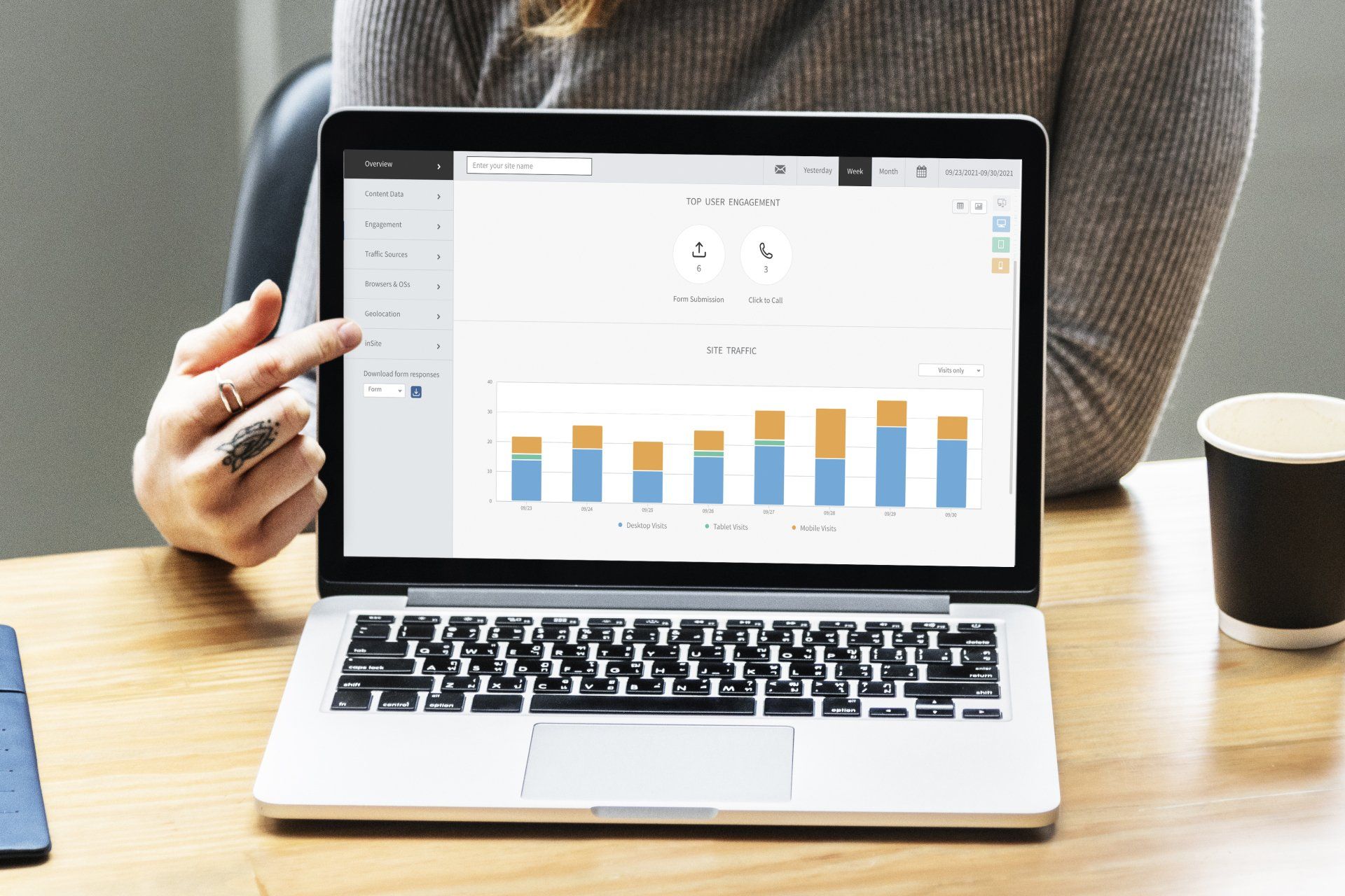 Person pointing at a bar graph on a laptop, coffee cup on table.