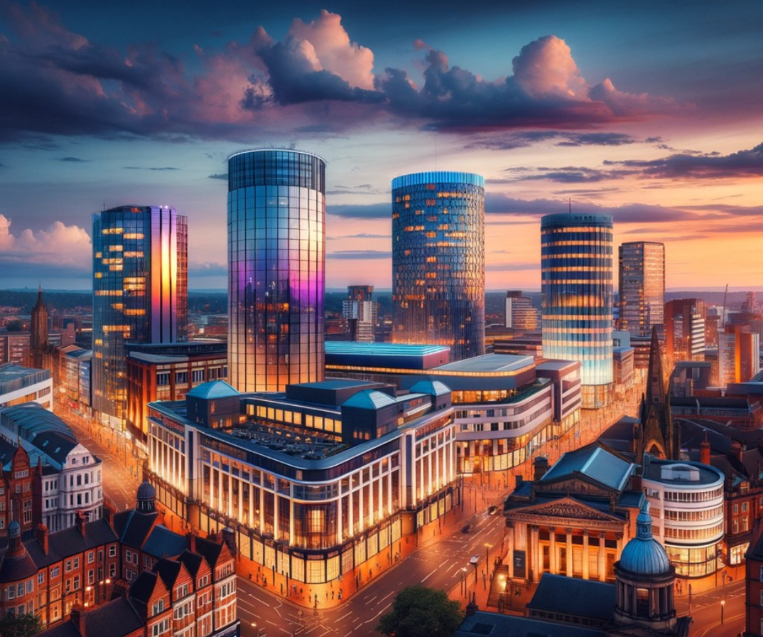 City skyline at sunset with illuminated skyscrapers and historic buildings.
