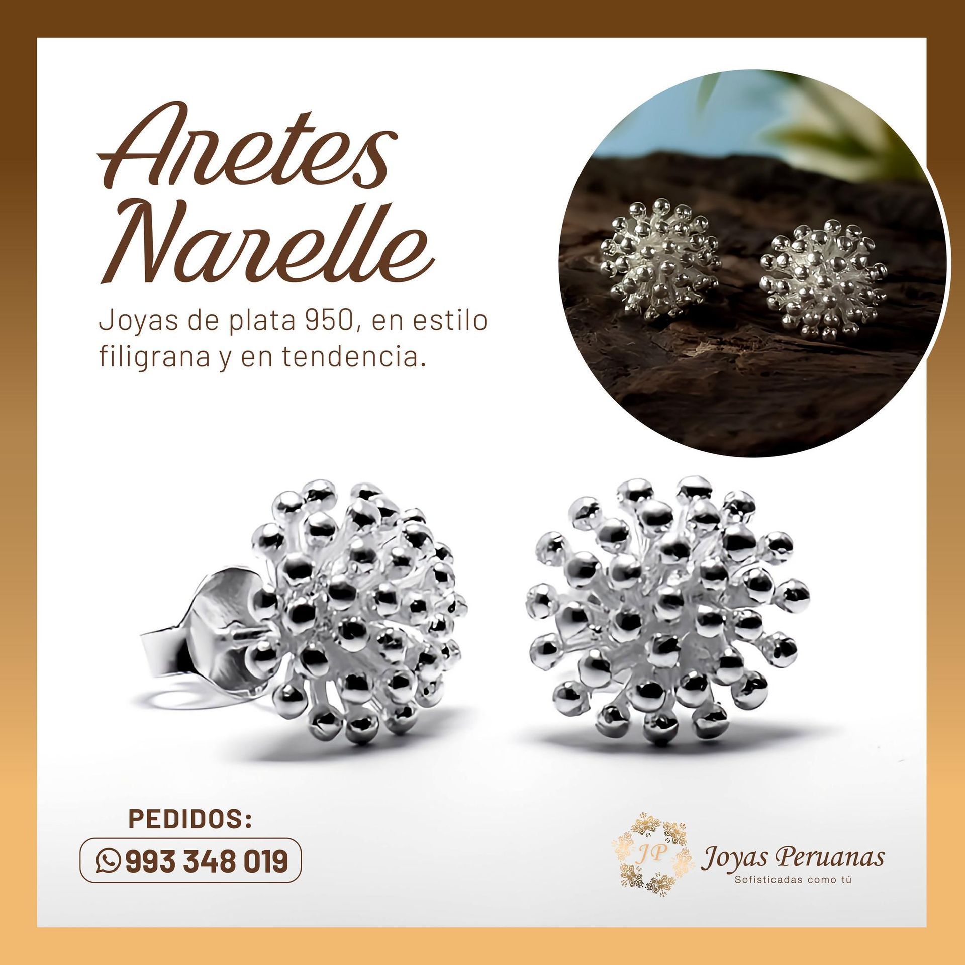 Un anuncio de un par de pendientes de plata.