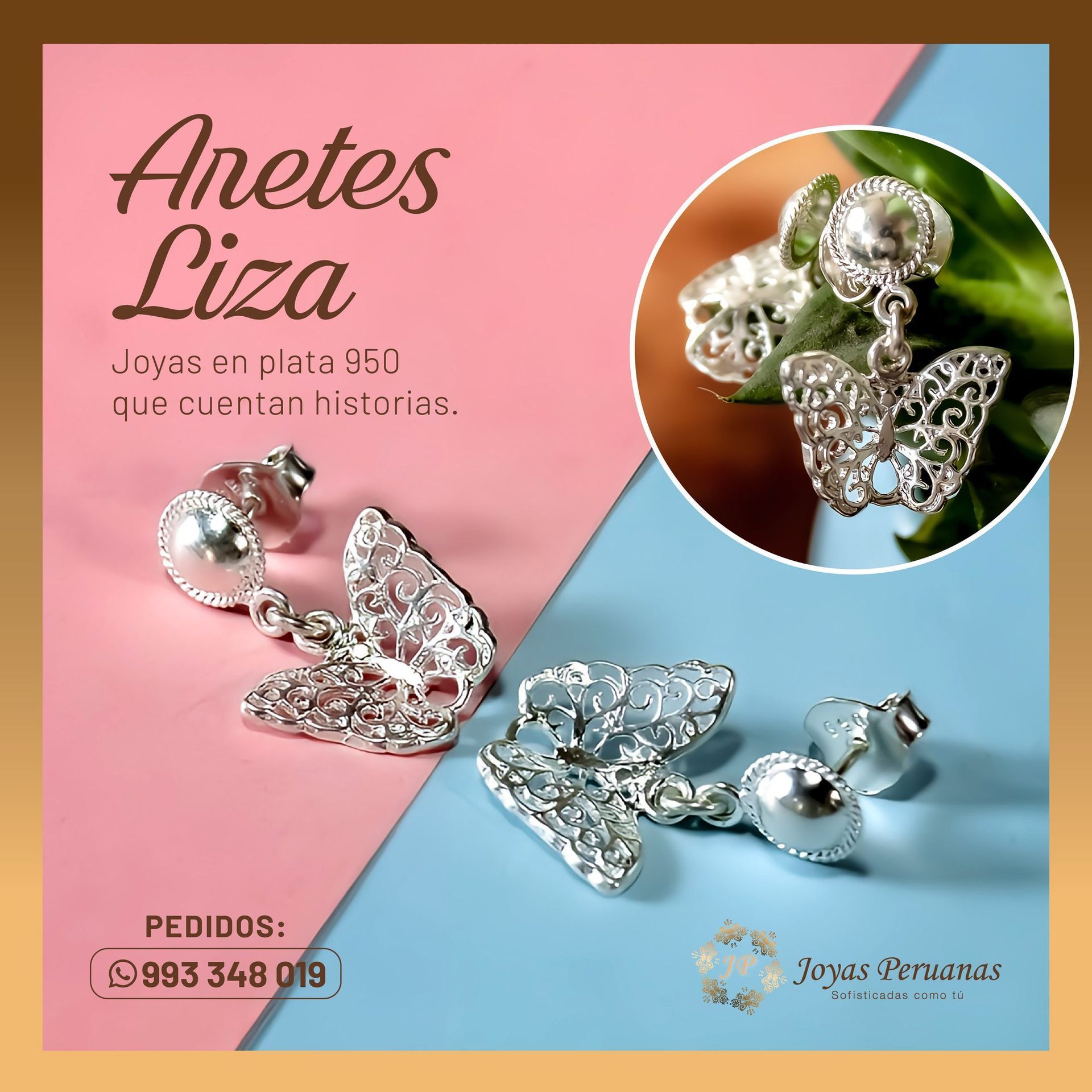Un par de pendientes de plata con diseño de mariposa.