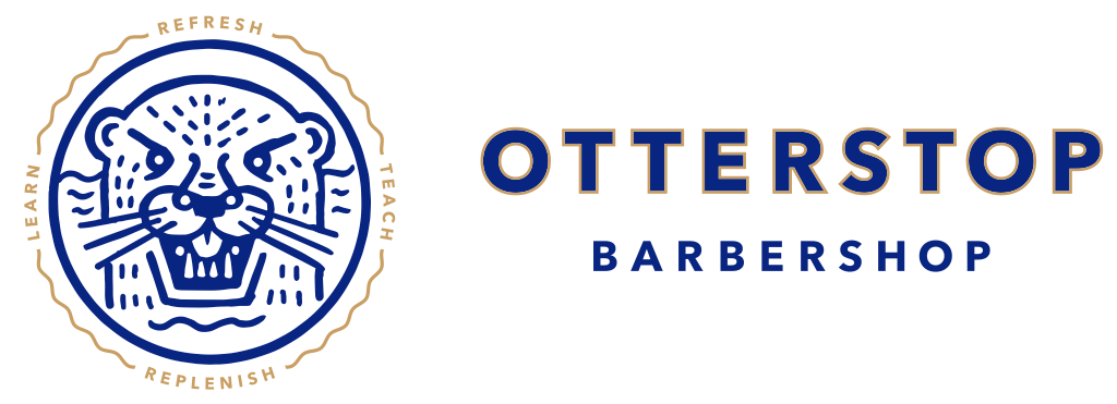 Logo for Otterstop Barbershop featuring a stylized blue otter head illustration inside a circular border and text.