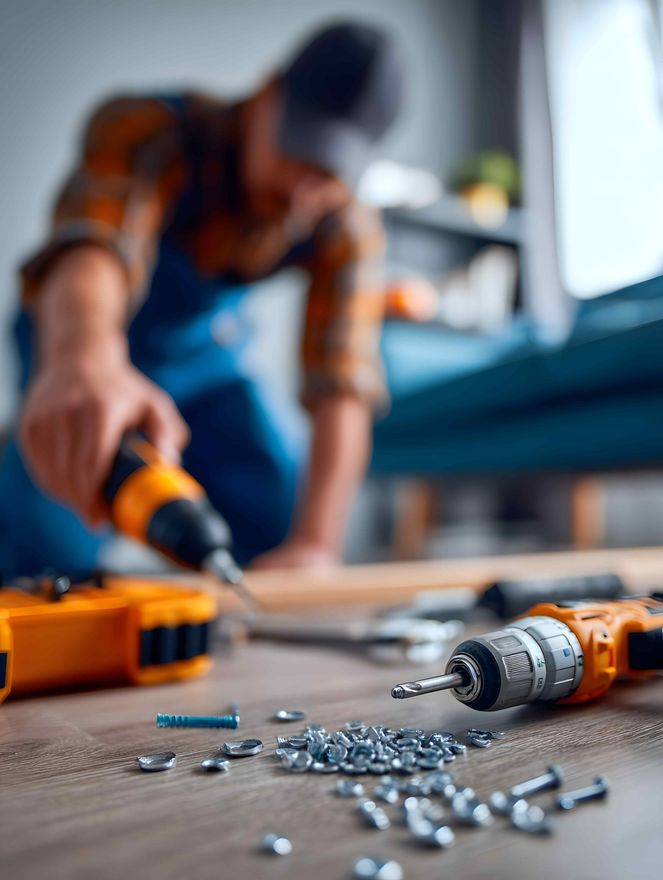 Person using a drill on wood floor, surrounded by tools, screws, and a toolbox.