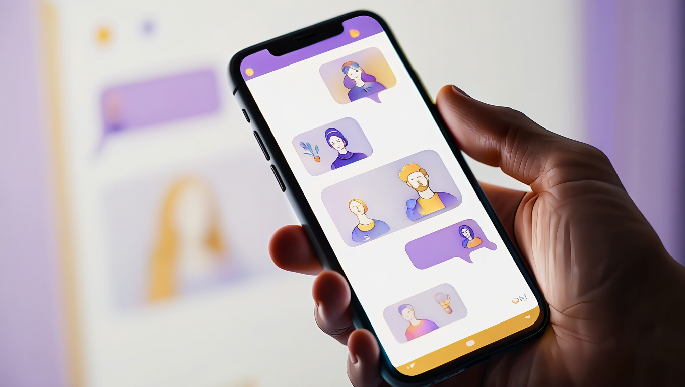 Mor ve sarı tonlarında avatarlar ve sohbet baloncukları içeren bir mesajlaşma uygulamasına sahip el tipi telefon.
