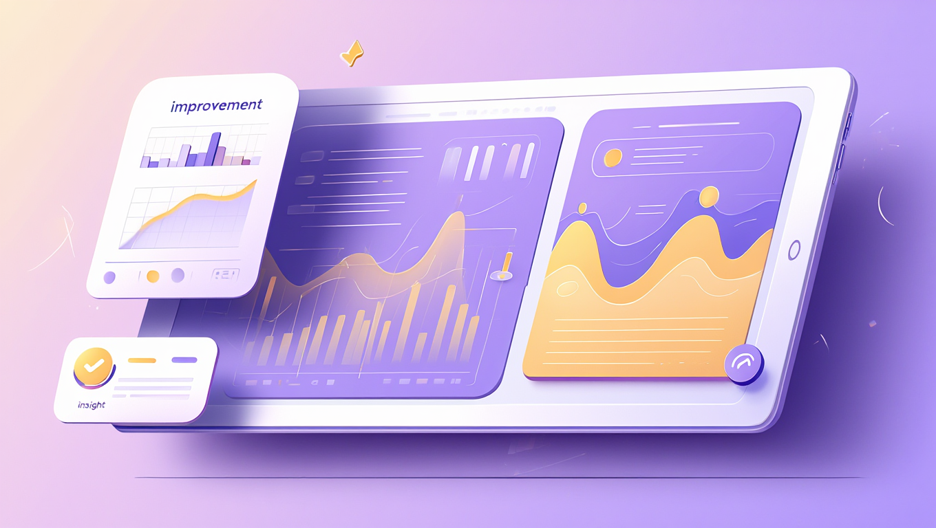 Finansal verileri ve grafikleri mor ve sarı renkte gösteren tablet; uygulama arayüzü görünür durumda.